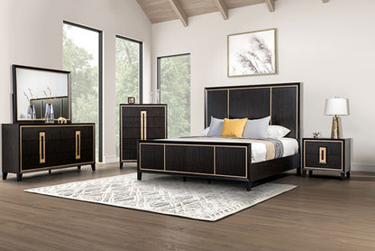 Kenyada Espresso Panel Bed with Gold Accent Trim