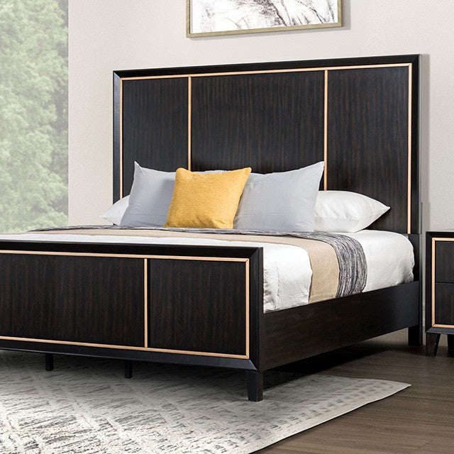 Kenyada Espresso Panel Bed with Gold Accent Trim