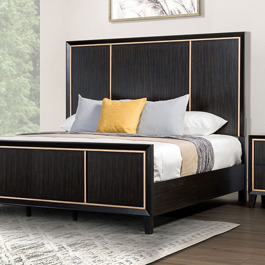 Kenyada Espresso Panel Bed with Gold Accent Trim