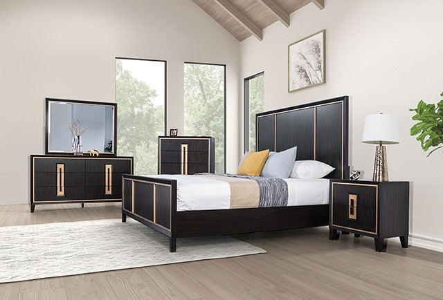 Kenyada Espresso Panel Bed with Gold Accent Trim