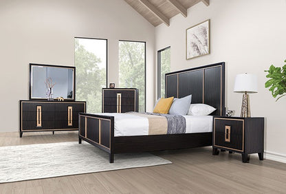 Kenyada Espresso Panel Bed with Gold Accent Trim
