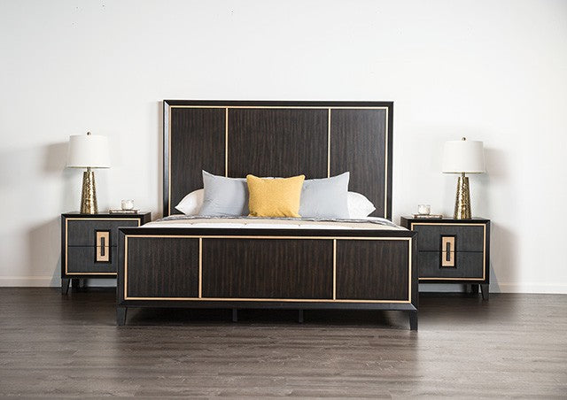 Kenyada Espresso Panel Bed with Gold Accent Trim
