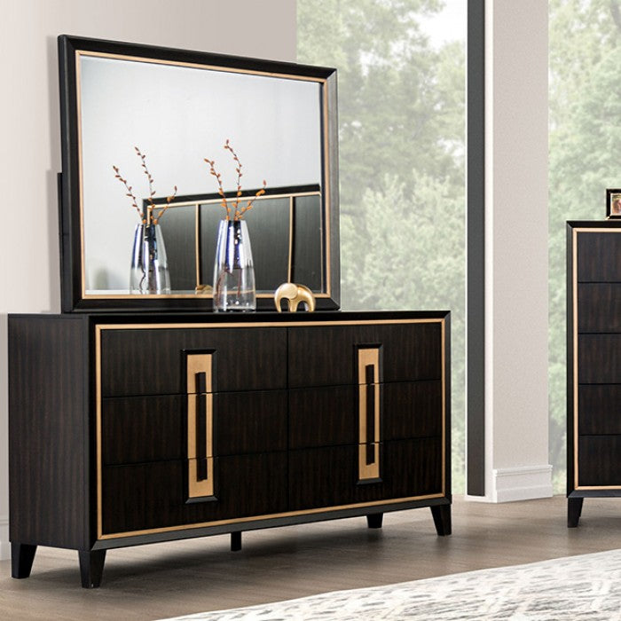 Kenyada Espresso Dresser with Gold Accent Trim and Beveled Detail