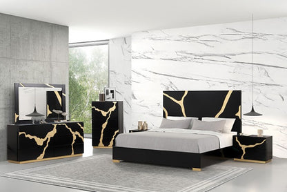 Goldsberg Contemporary Black and Gold Dresser with Gold-Painted Pattern and Felt-Lined Drawer