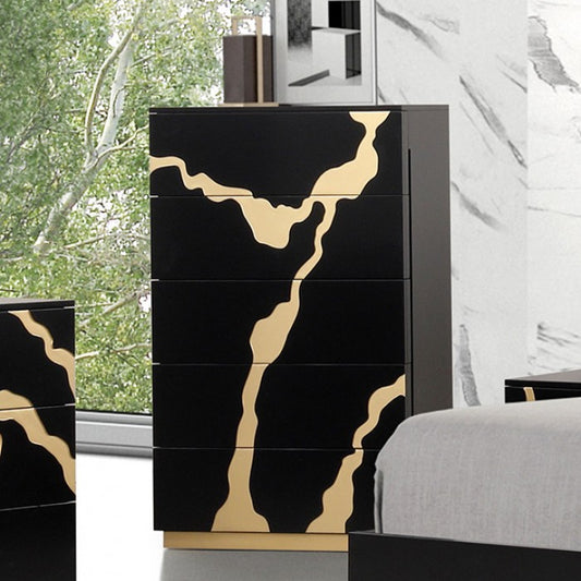 Goldsberg Contemporary Black and Gold Chest with Gold-Painted Pattern and Felt-Lined Drawer