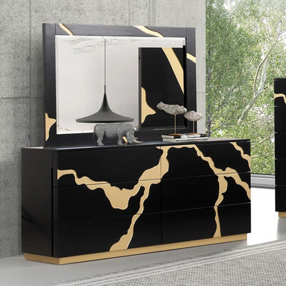 Goldsberg Contemporary Black and Gold Dresser with Gold-Painted Pattern and Felt-Lined Drawer