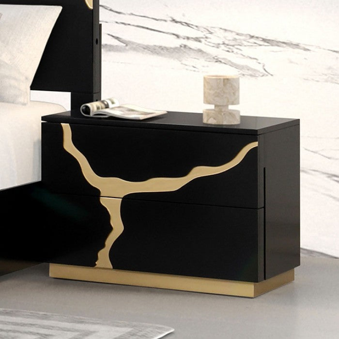 Goldsberg Contemporary Black and Gold Nightstand with Gold-Painted Pattern and Felt-Lined Drawer