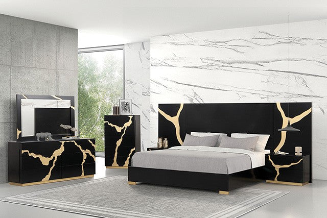 Goldsberg Contemporary Black and Gold Bed with Gold-Painted Pattern and Felt-Lined Drawer