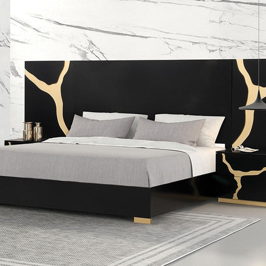 Goldsberg Contemporary Black and Gold Bed with Gold-Painted Pattern and Felt-Lined Drawer