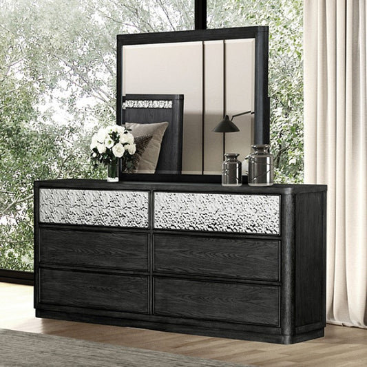 Sterling West Dresser in Ash Gray with Dented Metal Accents - Modern & Stylish Bedroom Storage with Unique Metal Detailing