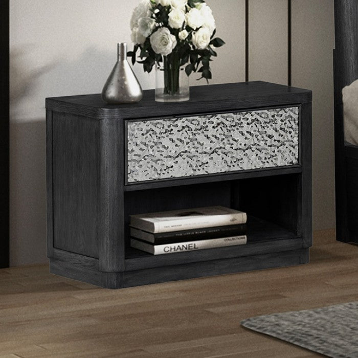 Sterling West 1-Drawer Nightstand in Ash Gray with Dented Metal Accents