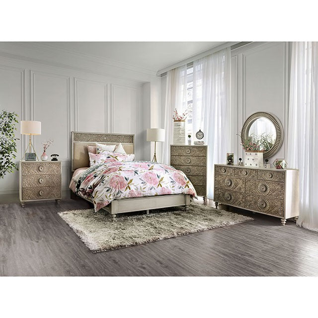 Jakarta Fabric Solid Wood Antique White Beige Bed
