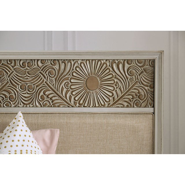 Jakarta Fabric Solid Wood Antique White Beige Bed