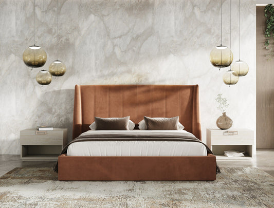 Lamod Roma + Lago Modern Bed & Nightstand Set – Burnt Orange Velvet & Faux Travertine Finish