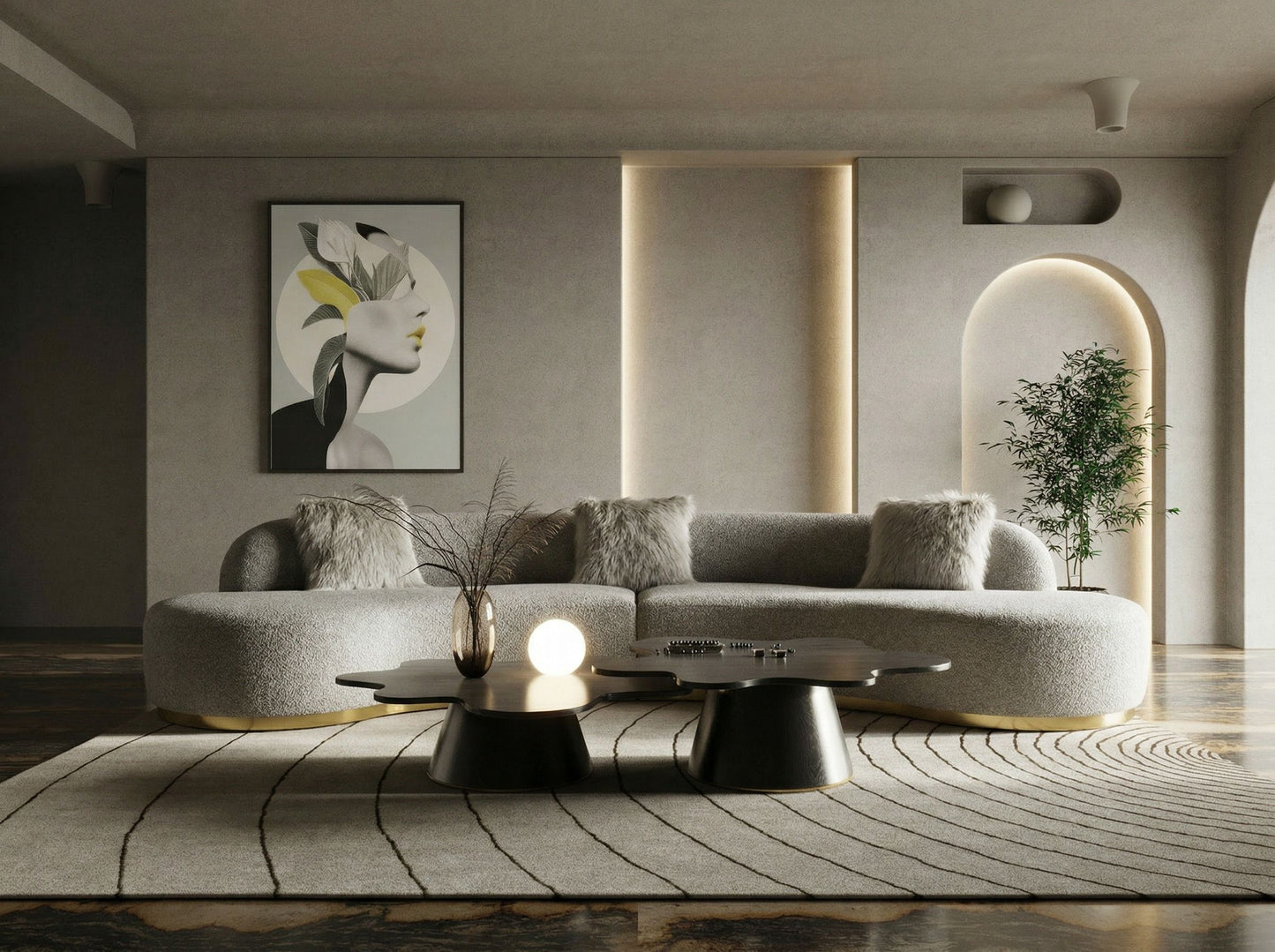 Frontier Glam Grey Fabric Curved Sectional Sofa