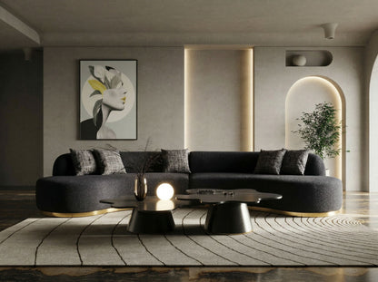 Frontier Glam Black Fabric Curved Sectional Sofa with Grey Pillows