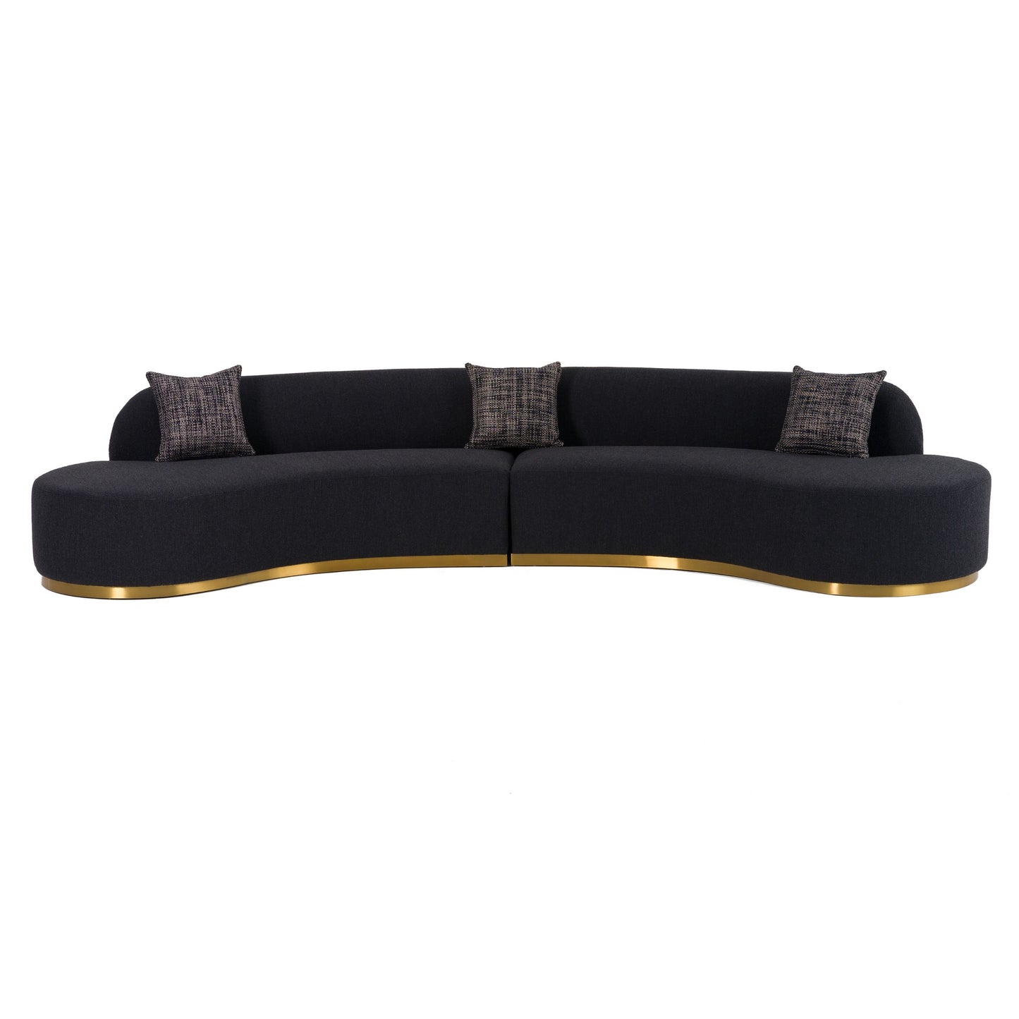 Frontier Glam Black Fabric Curved Sectional Sofa with Grey Pillows