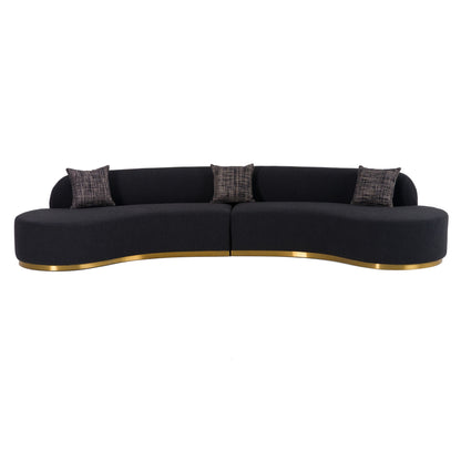 Frontier Glam Black Fabric Curved Sectional Sofa with Grey Pillows