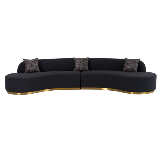 Frontier Glam Black Fabric Curved Sectional Sofa with Grey Pillows
