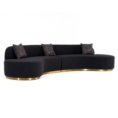 Frontier Glam Black Fabric Curved Sectional Sofa with Grey Pillows