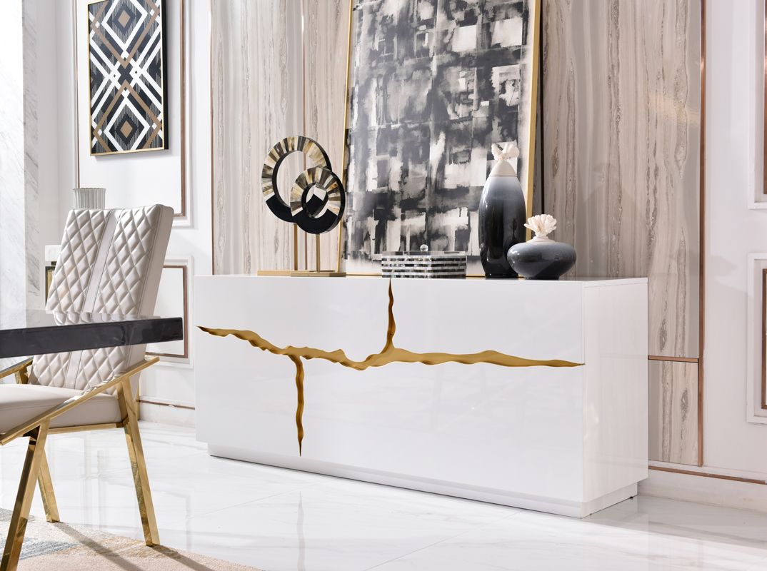 Aspen White High Gloss Buffet with Champagne Gold Accents