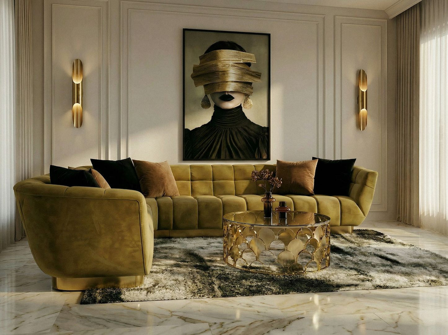 Granby Glam Mustard and Gold Fabric Sectional Sofa