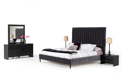 Hemlock Dark Grey Velvet Upholstered Platform Bed with Cushioned Headboard