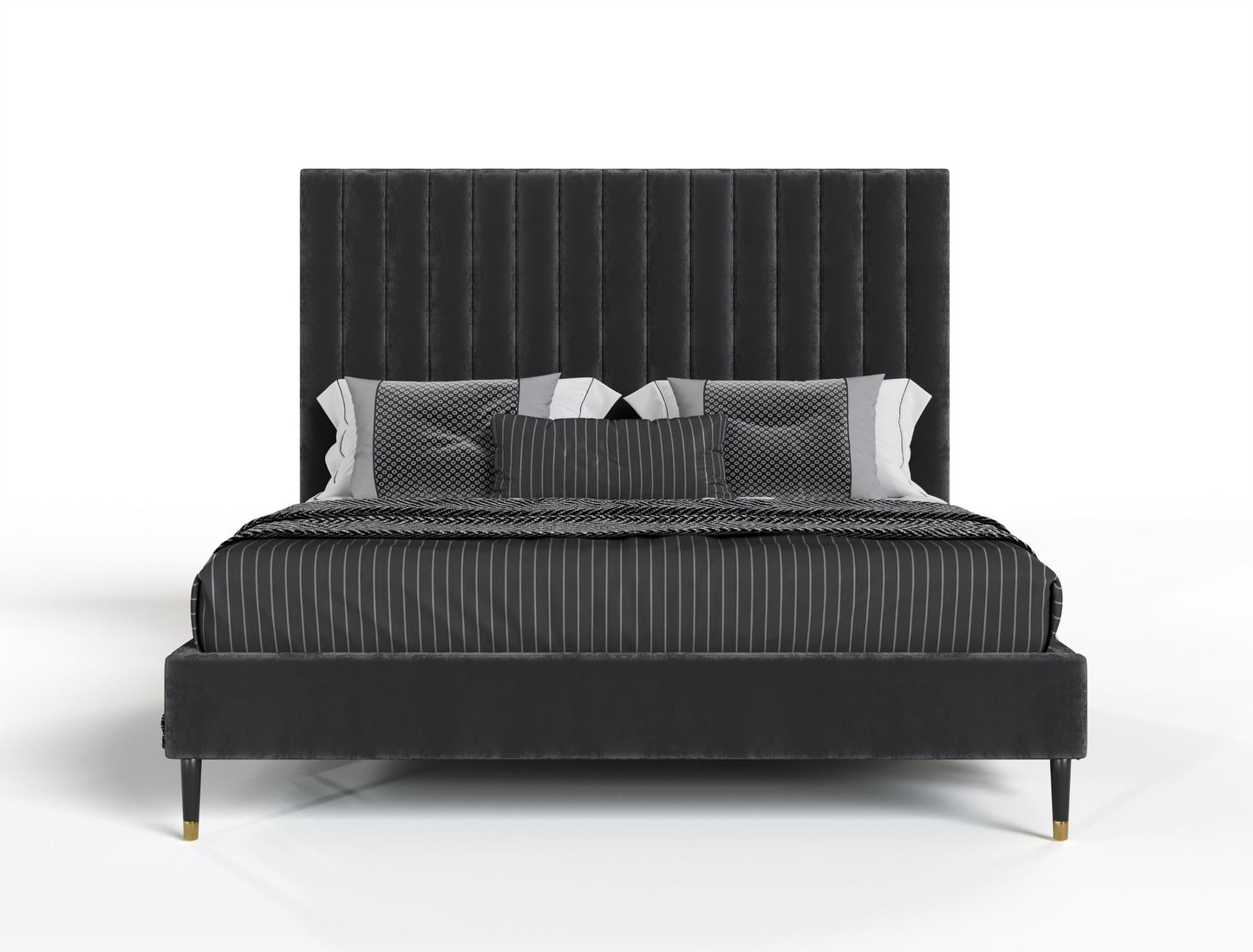Hemlock Dark Grey Velvet Upholstered Platform Bed with Cushioned Headboard
