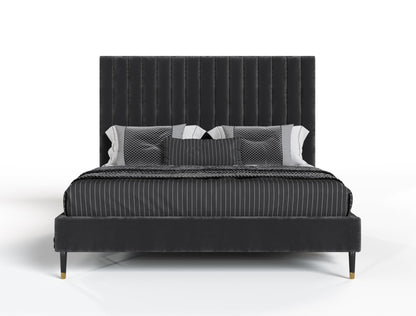 Hemlock Dark Grey Velvet Upholstered Platform Bed with Cushioned Headboard