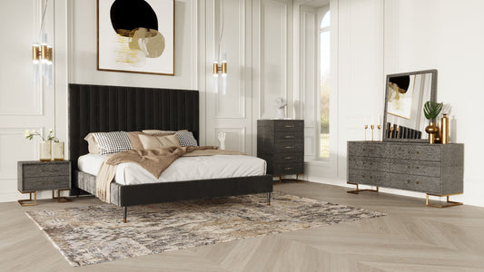 Modrest Hemlock Howard- Modern Dark Grey Velvet and Shagreen Grey Bedroom Set