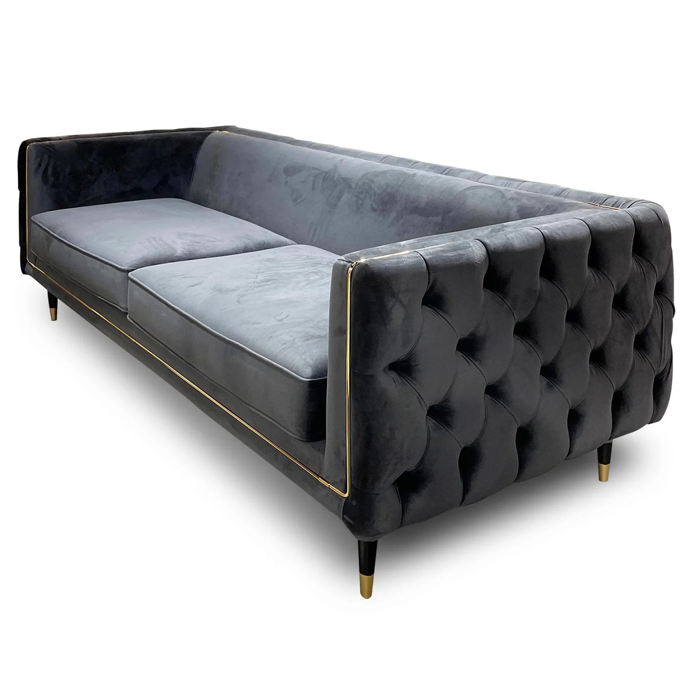 Olsen Sofa Gray Velvet on Hardwood Frame with Brass Metal Trim