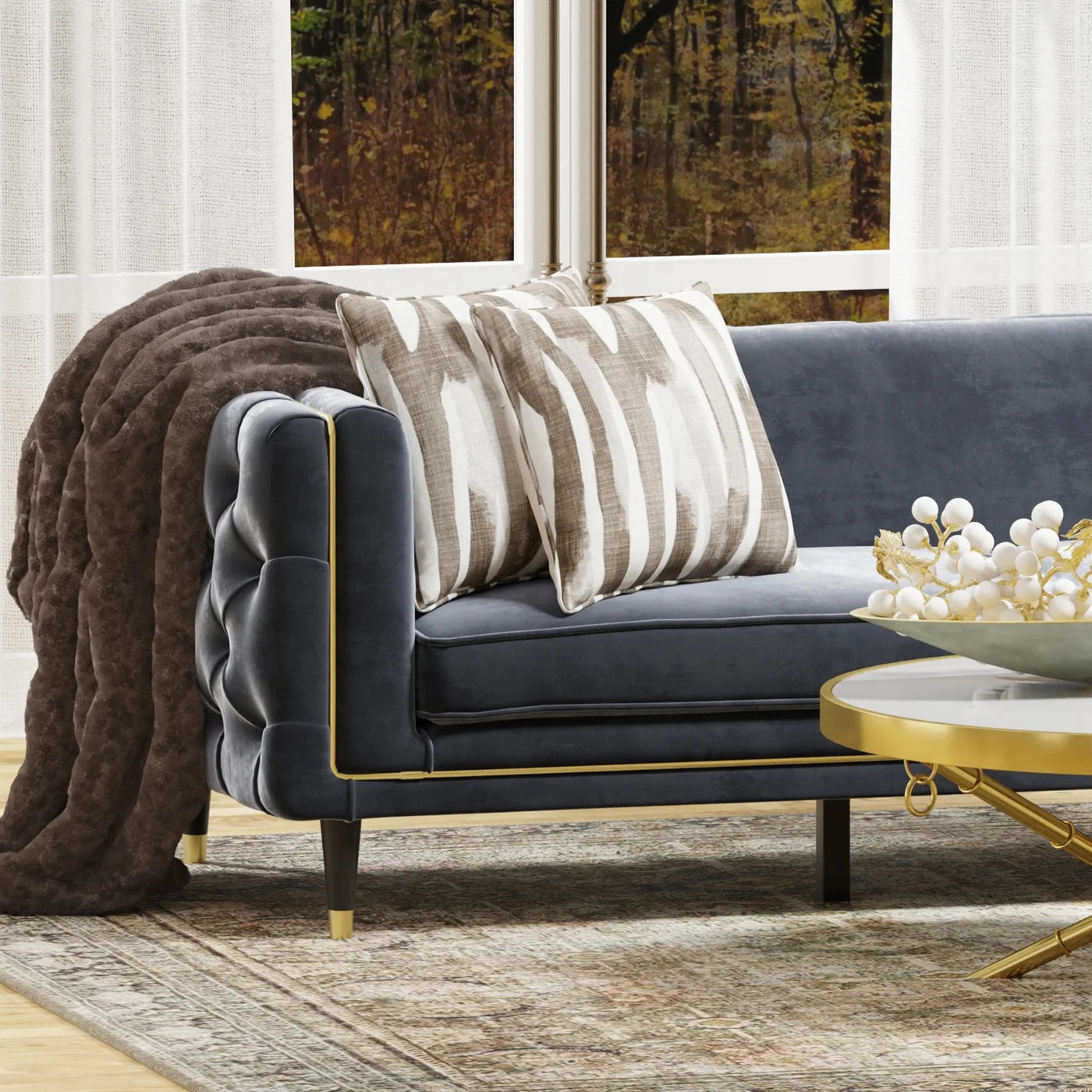 Olsen Sofa Gray Velvet on Hardwood Frame with Brass Metal Trim