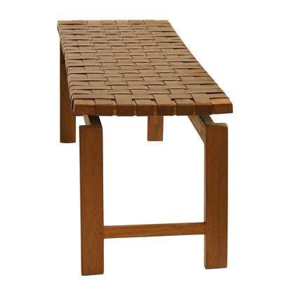 Adams Backless Bench Woven Cognac Leather Solid Wood Frame