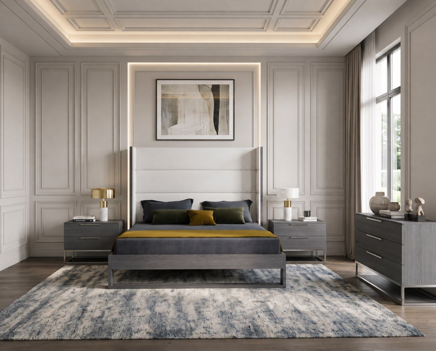 Heloise 4‑Piece Bedroom Set Contemporary White Vegan Leather Grey Elm Eastern King