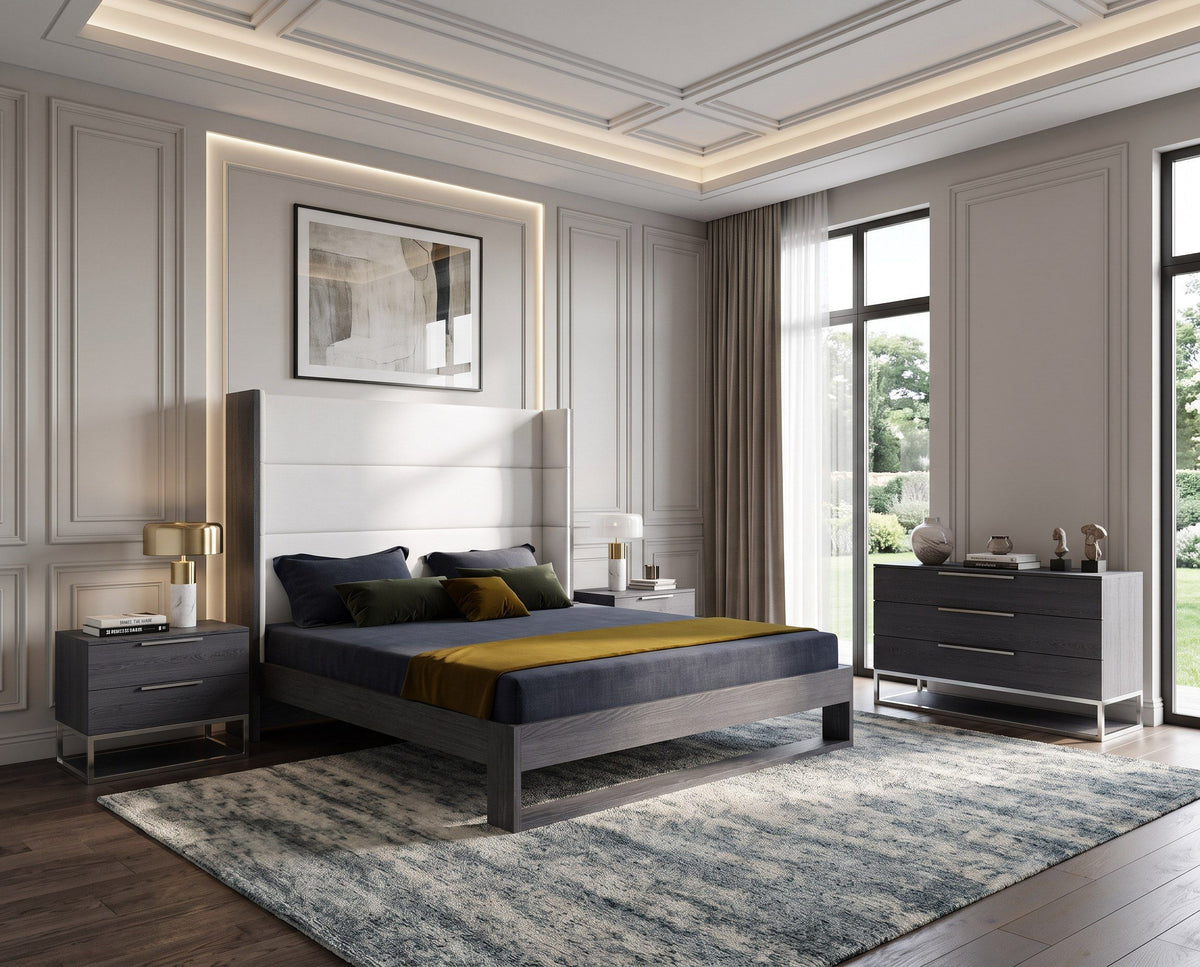 Heloise 4‑Piece Bedroom Set Contemporary White Vegan Leather Grey Elm Eastern King