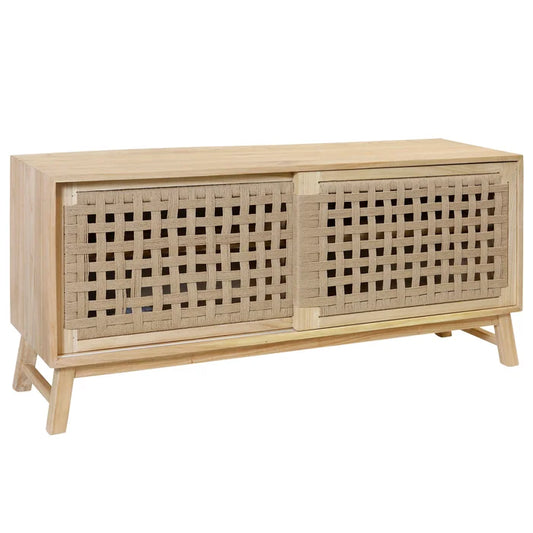 RATTAN MESH Cabinet – Sliding Two-Door Mesh Lattice Storage with Natural Texture