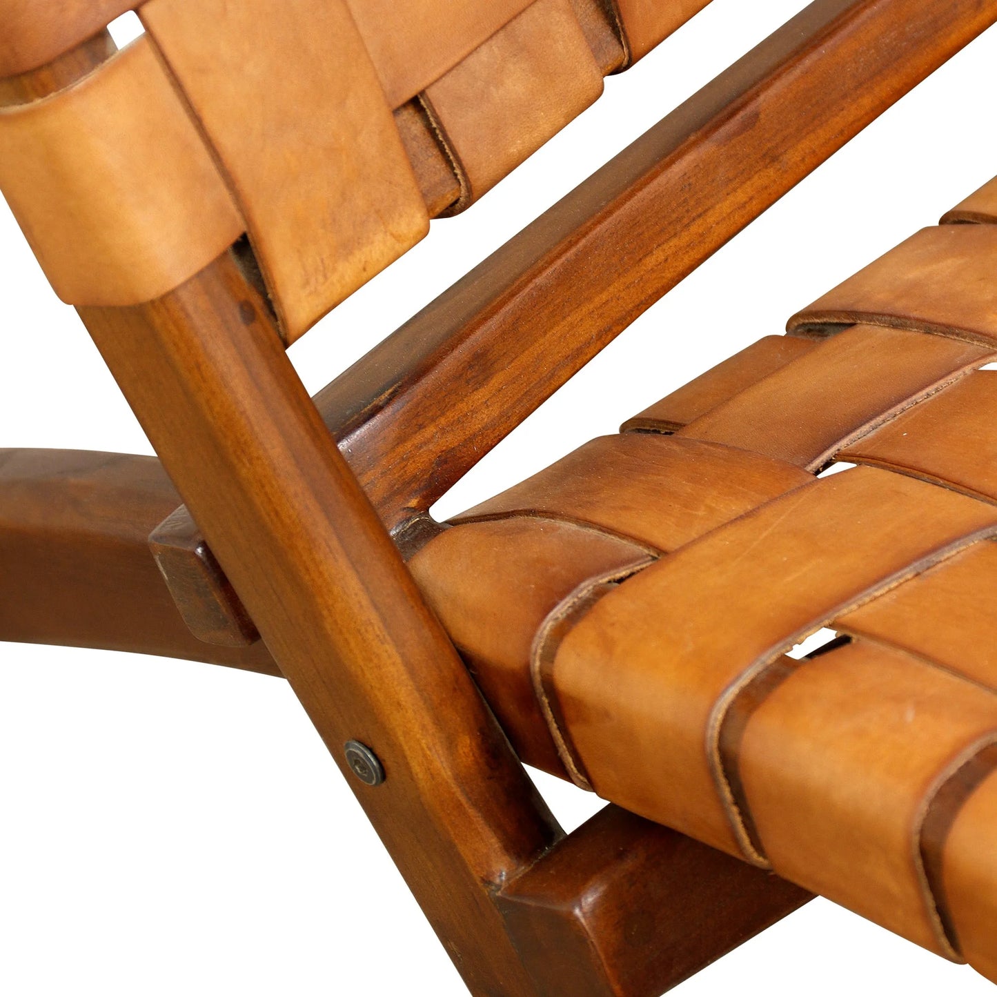 Richard Lounge Chair Retro Foldable Teak Wood &amp; Genuine Woven Leather Seat