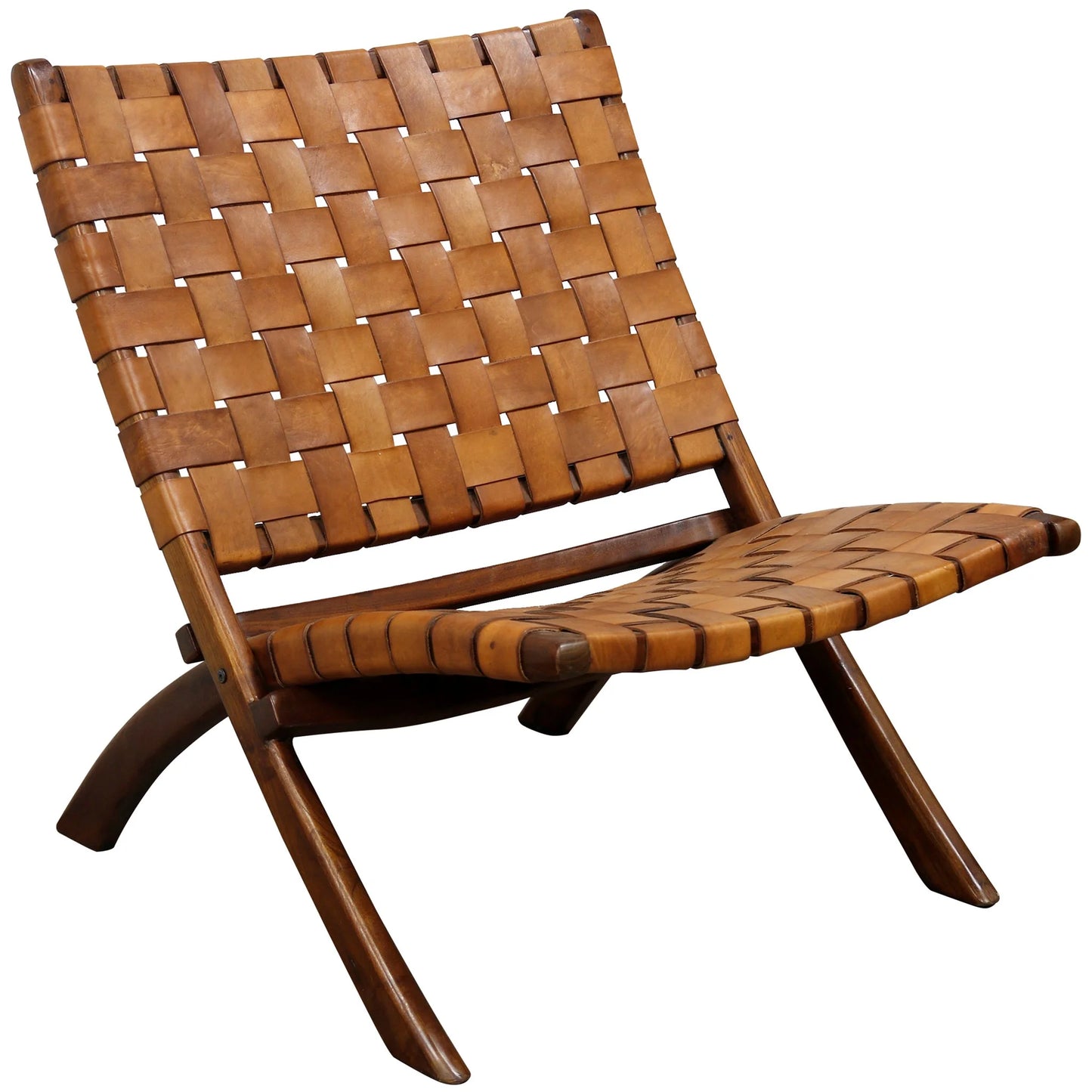 Richard Lounge Chair Retro Foldable Teak Wood &amp; Genuine Woven Leather Seat