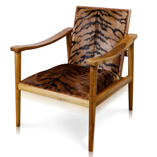 Sonor Arm Chair Tiger Print Lounge Chair Solid Teak Wood Frame with a Light Stain Finish