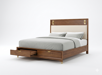 Hepburne Walnut Bed with Upholstered Headboard and Storage Footboard