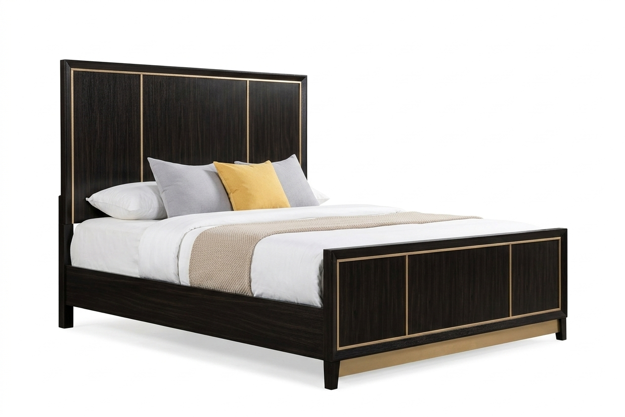 Kenyada Espresso Panel Bed with Gold Accent Trim