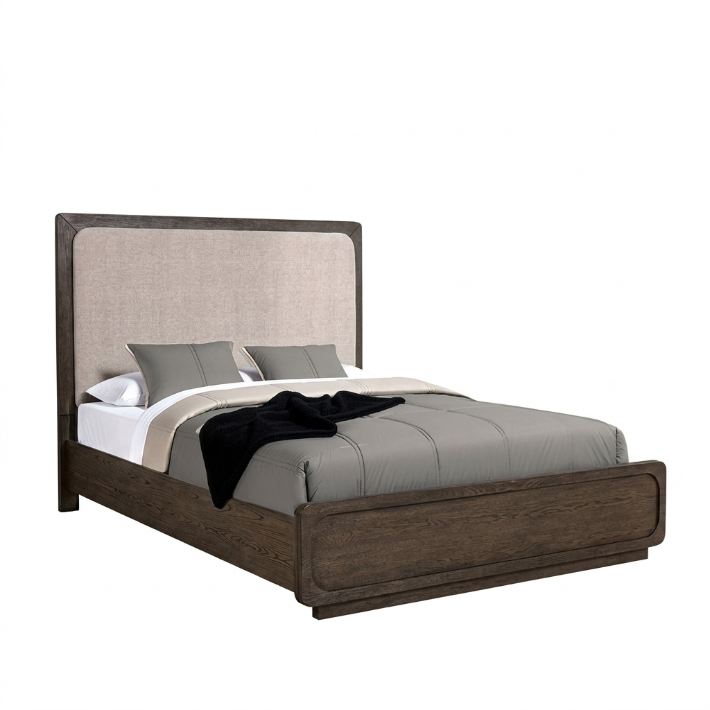 Vellara Dark Walnut Upholstered Bed with Transitional Frame