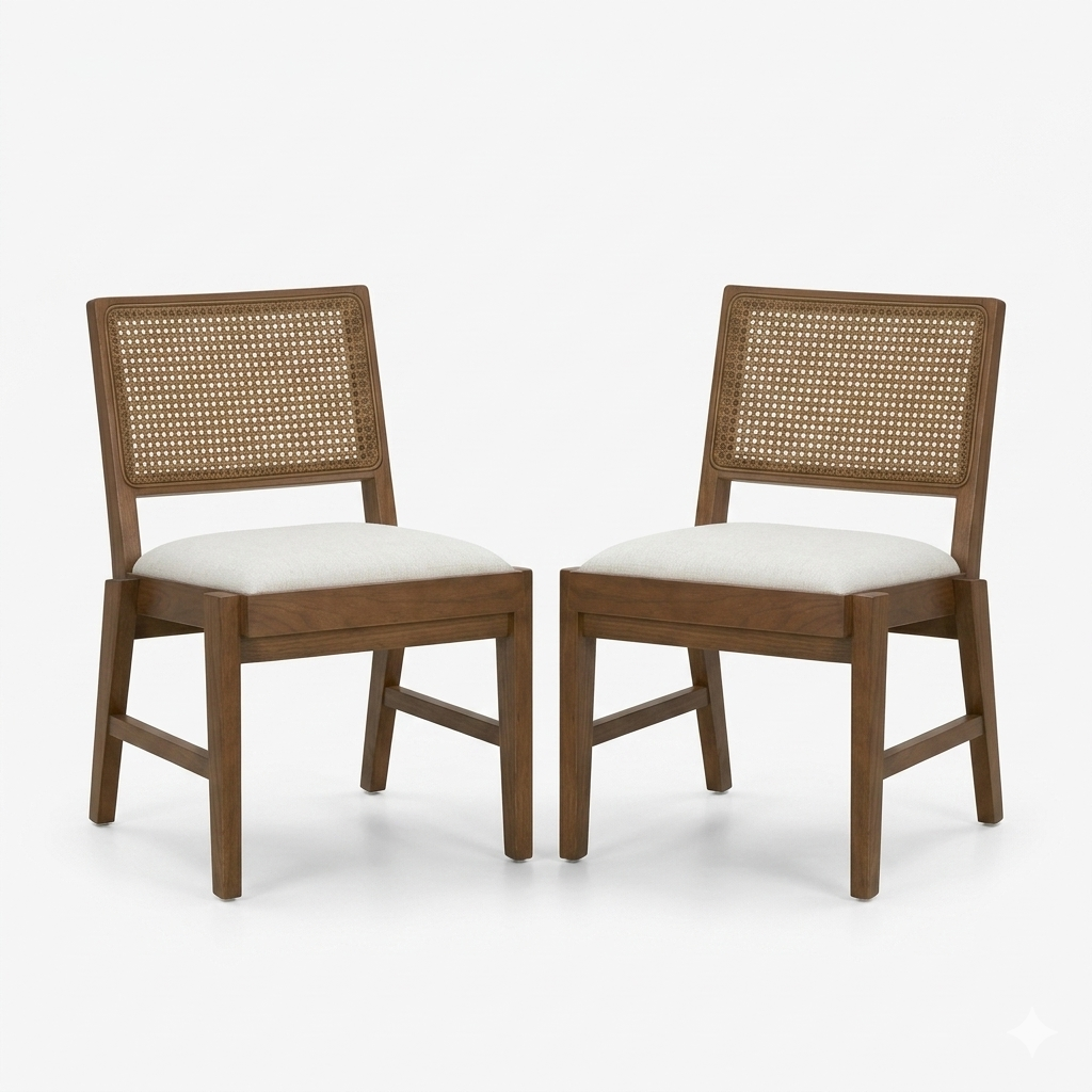 Reid Oak Frame Cane Back Cream Upholstered Dining Chair Set of 2