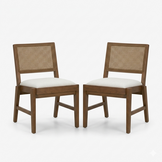 Reid Oak Frame Cane Back Cream Upholstered Dining Chair Set of 2