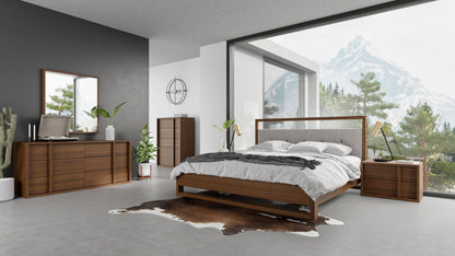 Falcor Grey Fabric and Walnut Platform Bed – Upholstered Headboard with Slatted Support