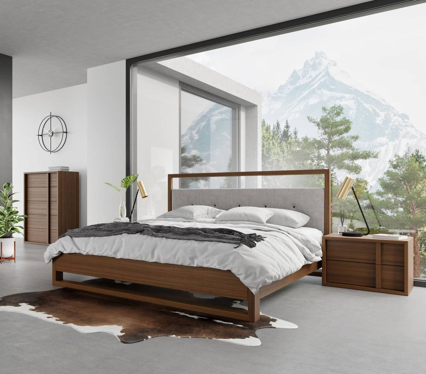 Falcor Grey Fabric and Walnut Platform Bed – Upholstered Headboard with Slatted Support