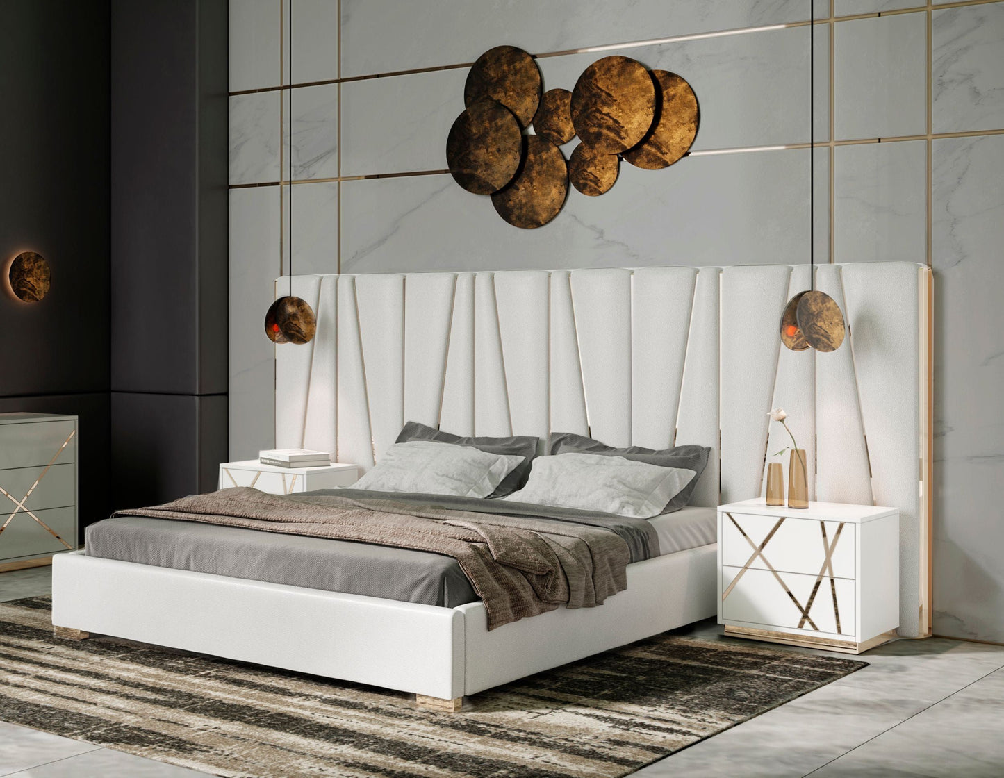 Modrest Nixa Modern White Bonded Leather & Gold Bed