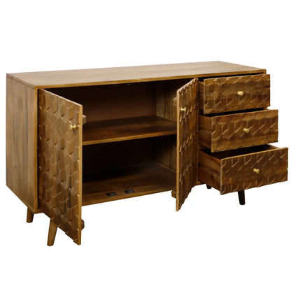 DIAMOND Sideboard – Three Drawer, Two Door Storage in Solid Mango Wood with Mahogany Brown Finish