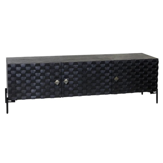 SATIN BLACK TV Console – Three-Door Media Unit in Solid Mango Wood