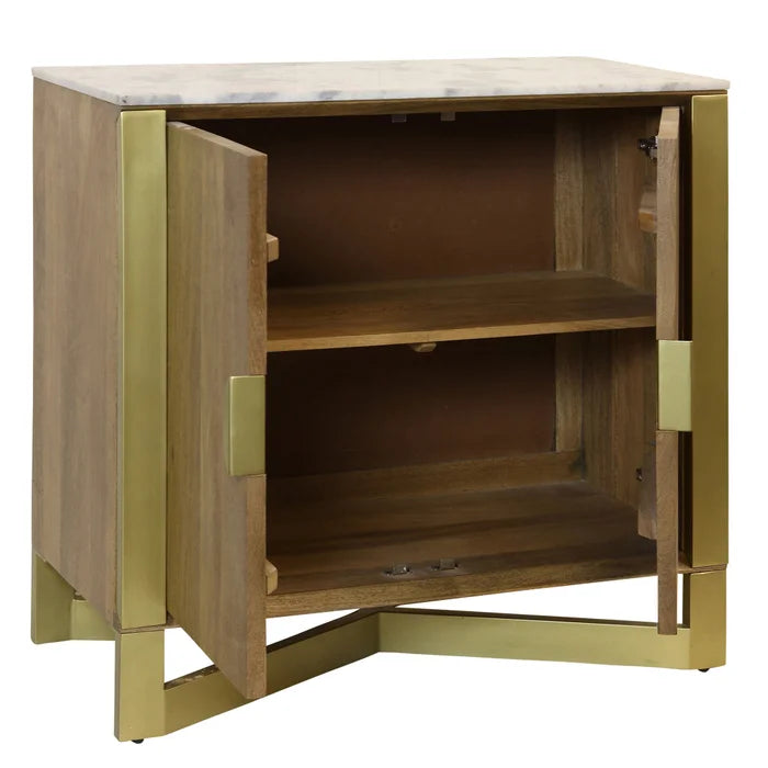 Barcelona Solid Mango Wood Cabinet – 2-Door Storage with White Marble Top